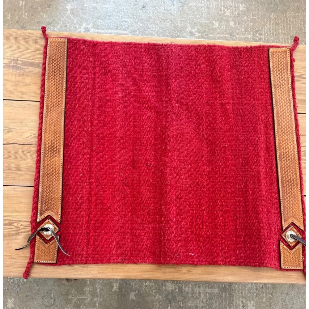 Western Wool Saddle Blanket Red Tooled Leather Wear Leathers Concho